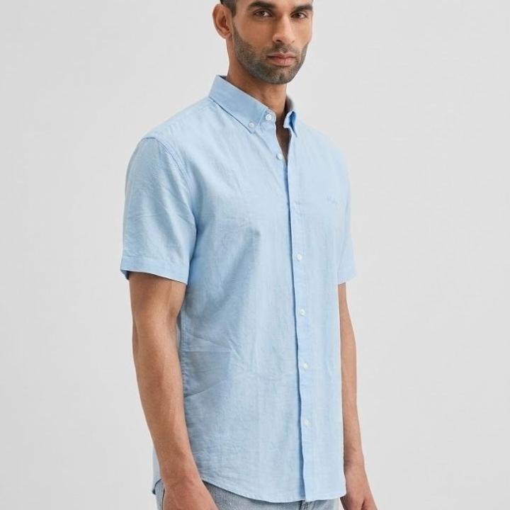 Baby Blue Solid Casual Half Sleeve Shirt