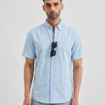 Baby Blue Solid Casual Half Sleeve Shirt