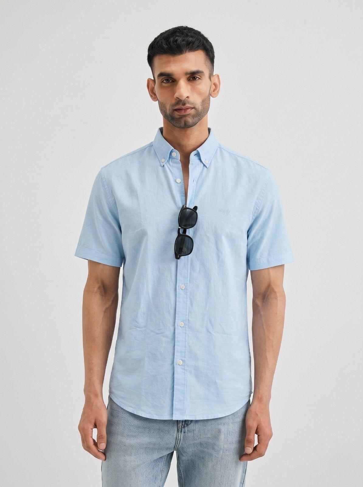 Baby Blue Solid Casual Half Sleeve Shirt