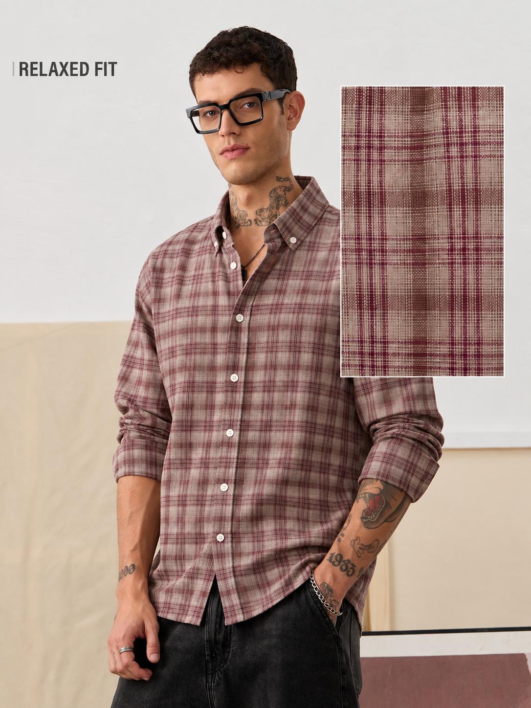 Relaxed Fit Maroon Checkered Casual Shirt