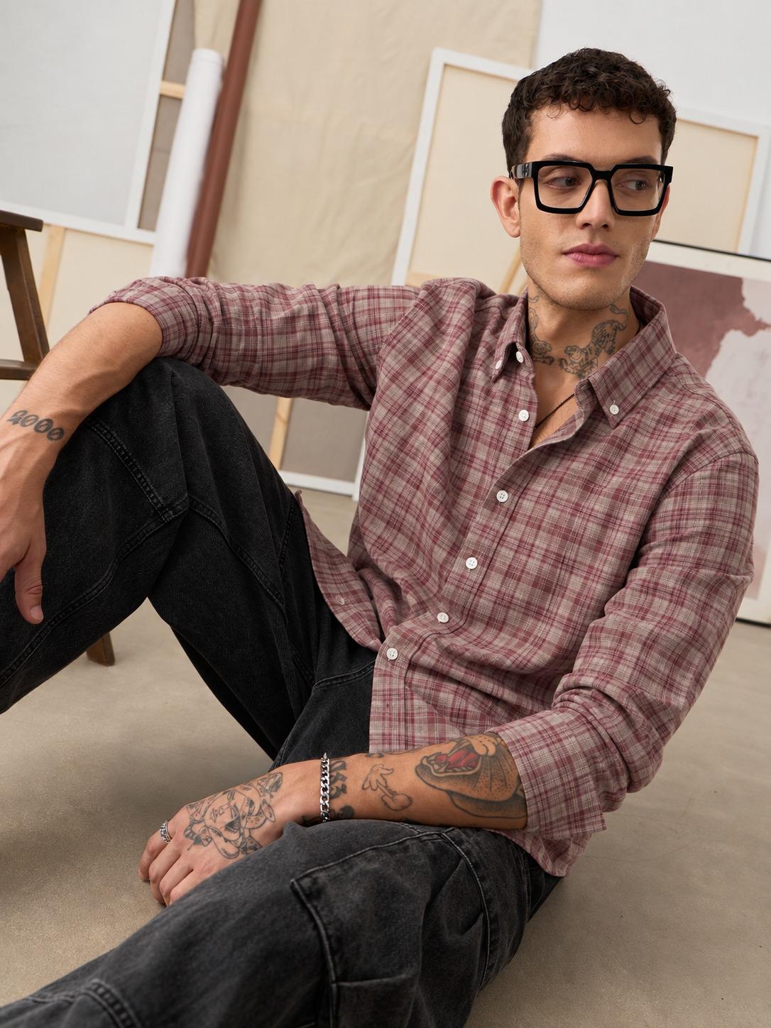 Relaxed Fit Maroon Checkered Casual Shirt
