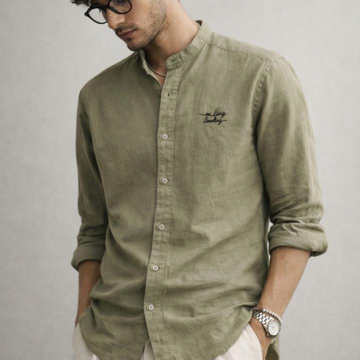 Olive Green Linen Mandarin Collar Shirt