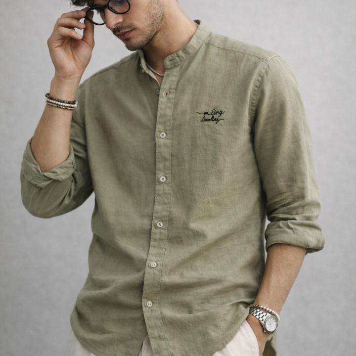 Olive Green Linen Mandarin Collar Shirt