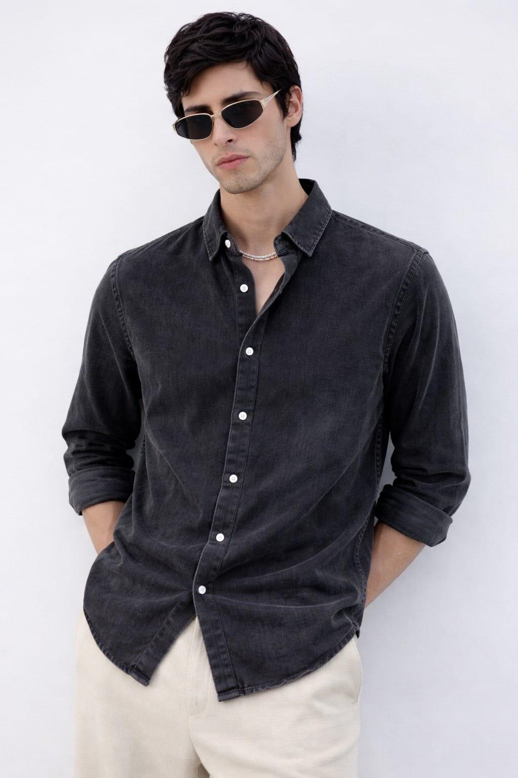 Washed Charcoal Black Denim Shirt