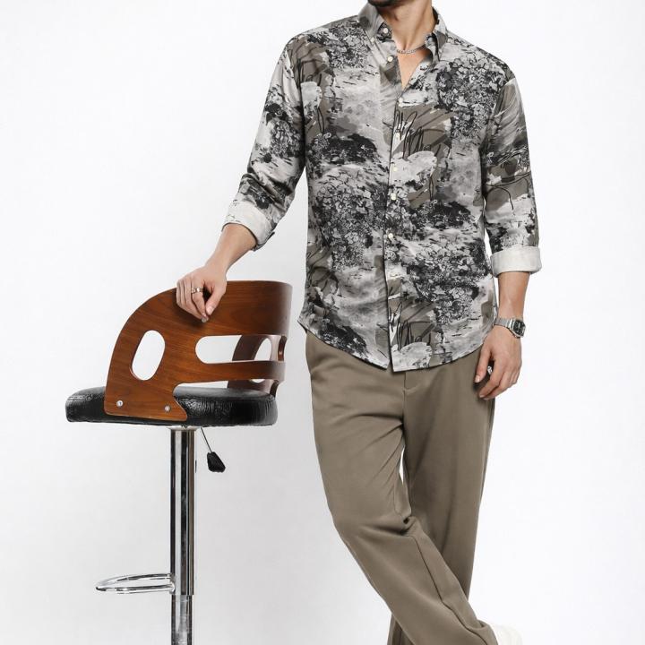 Neutral Abstract Print Shirt  - Button Down