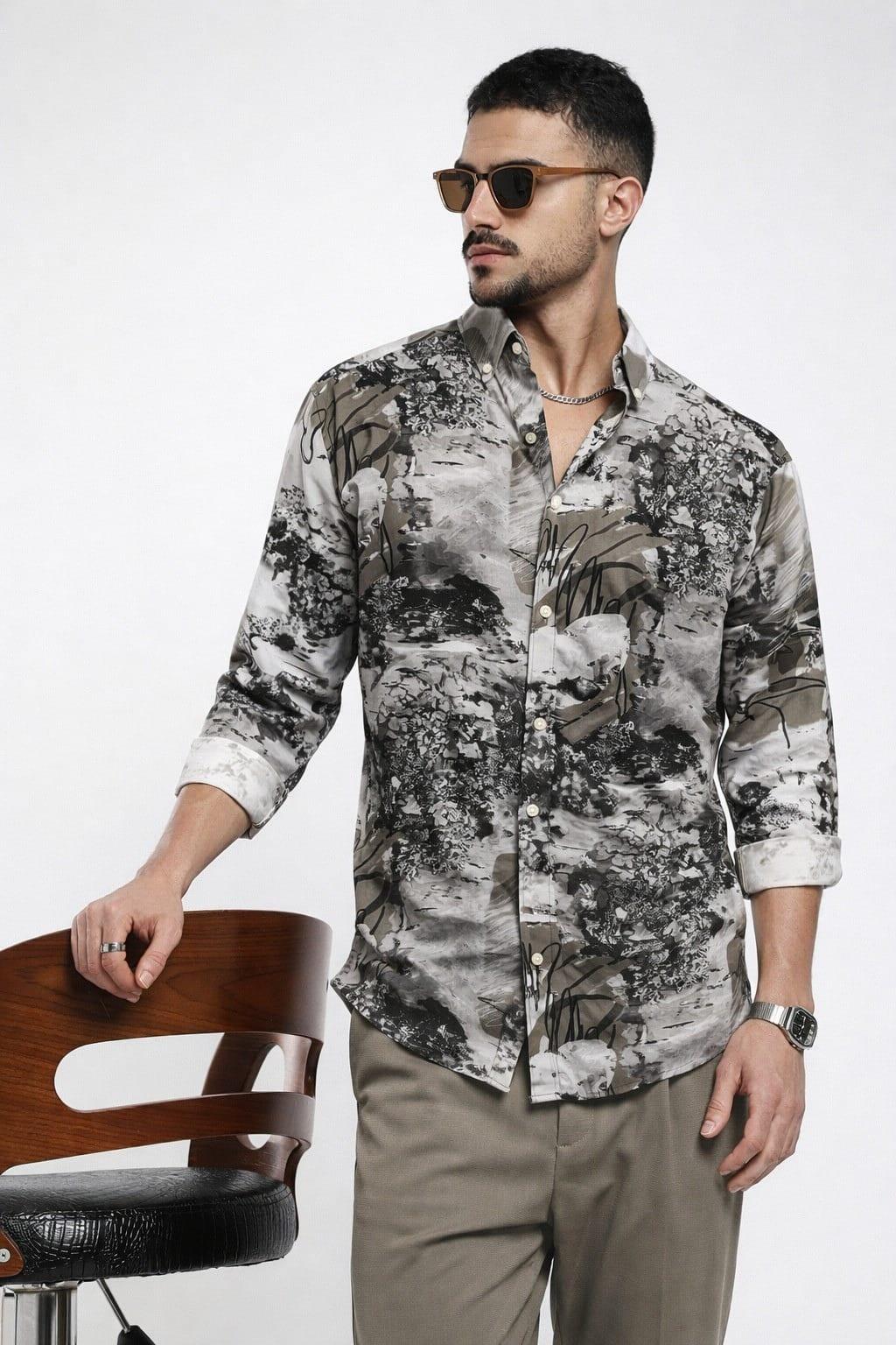 Neutral Abstract Print Shirt  - Button Down