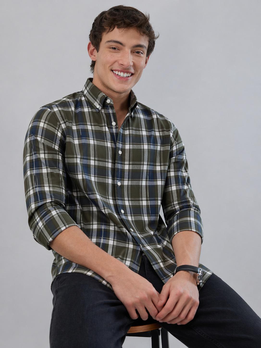 Olive Green Plaid Checked Shirt