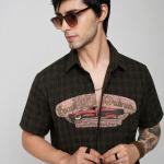 Dark Olive Retro Graphic Short Sleeve Shirt