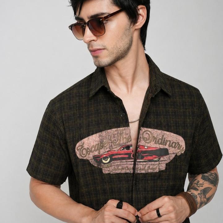 Dark Olive Retro Graphic Short Sleeve Shirt