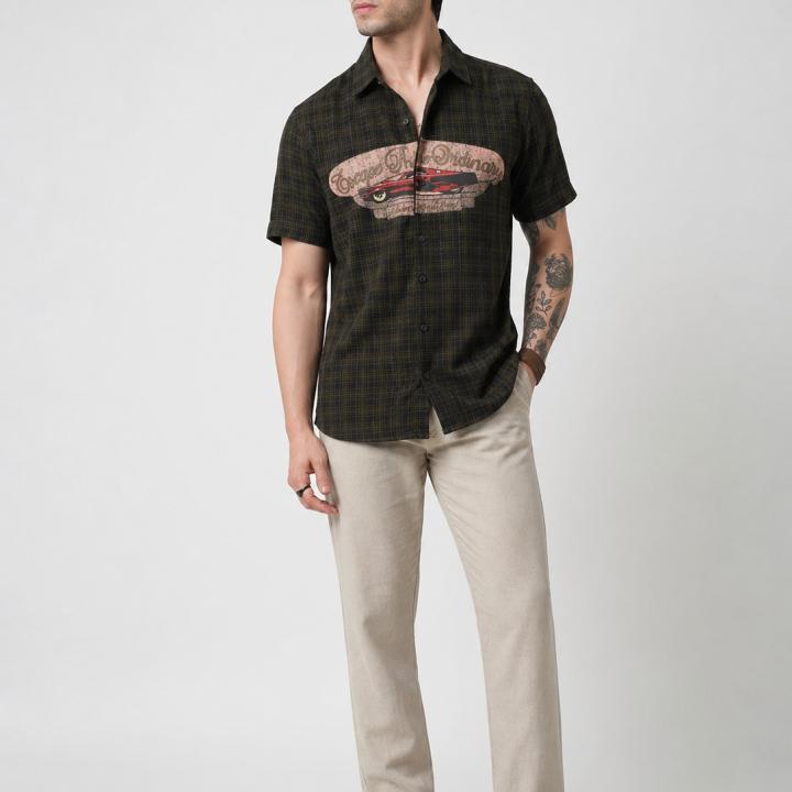 Dark Olive Retro Graphic Short Sleeve Shirt