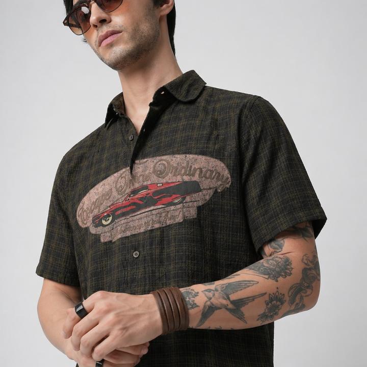 Dark Olive Retro Graphic Short Sleeve Shirt