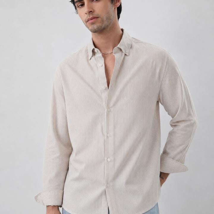 Classic Beige Vertical Striped Shirt - Button Down