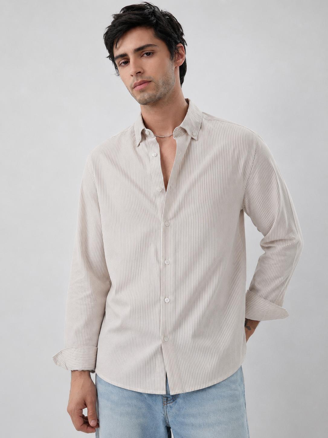 Classic Beige Vertical Striped Shirt - Button Down