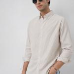 Classic Beige Vertical Striped Shirt - Button Down