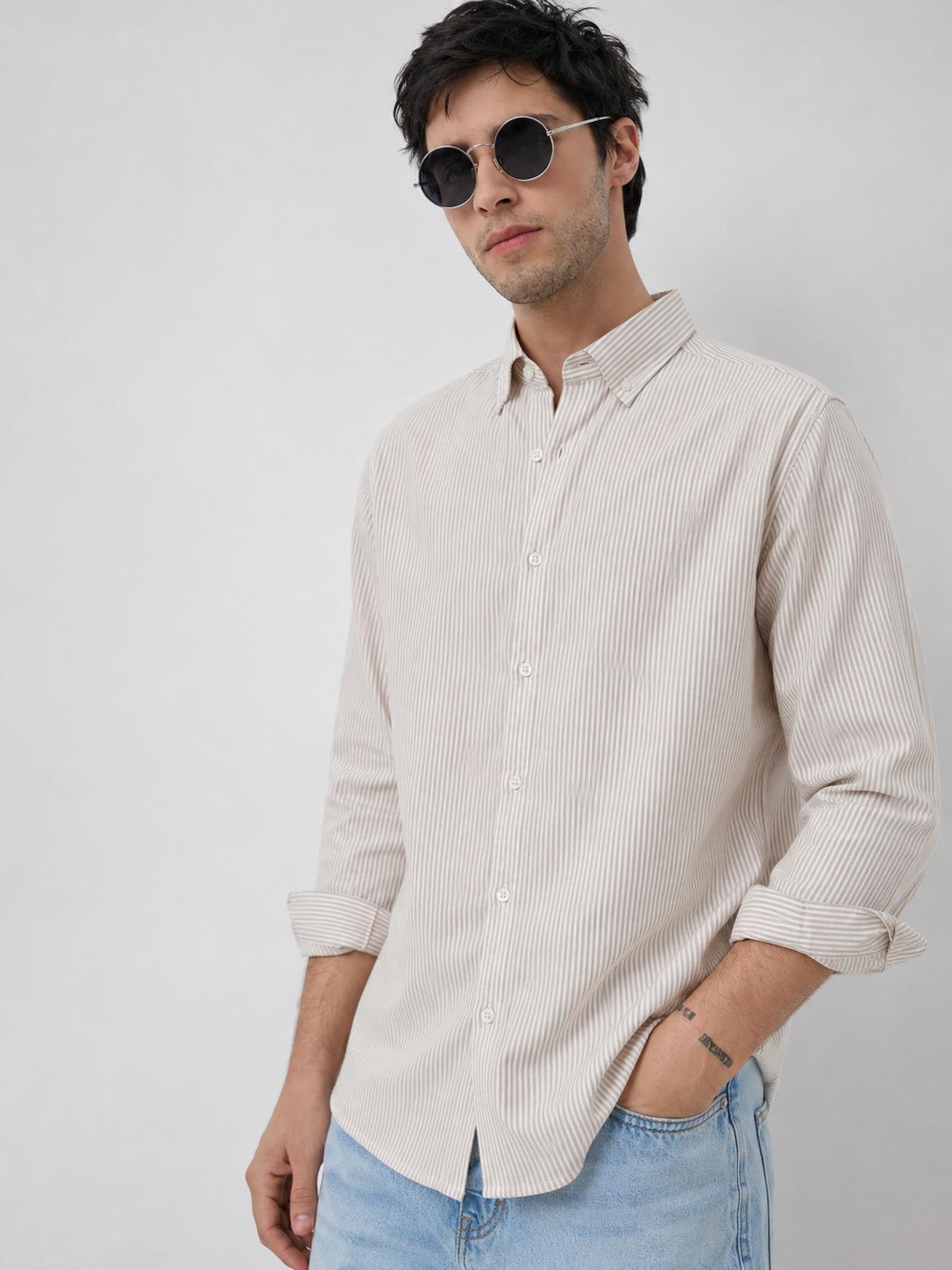 Classic Beige Vertical Striped Shirt - Button Down