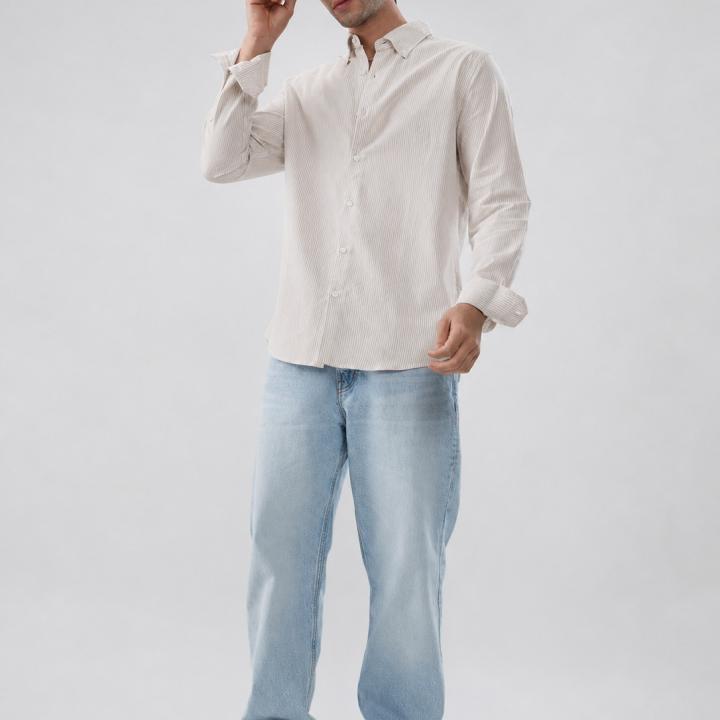Classic Beige Vertical Striped Shirt - Button Down