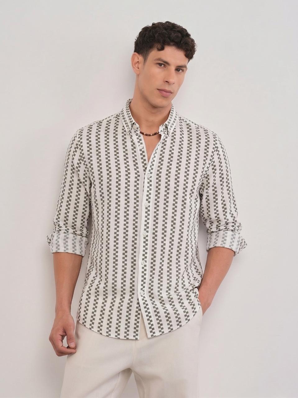 White & Green Geometric Stripe shirt