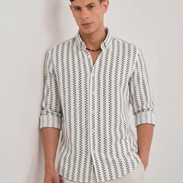 White & Green Geometric Stripe shirt