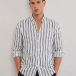 White & Slate Blue Geometric Stripe