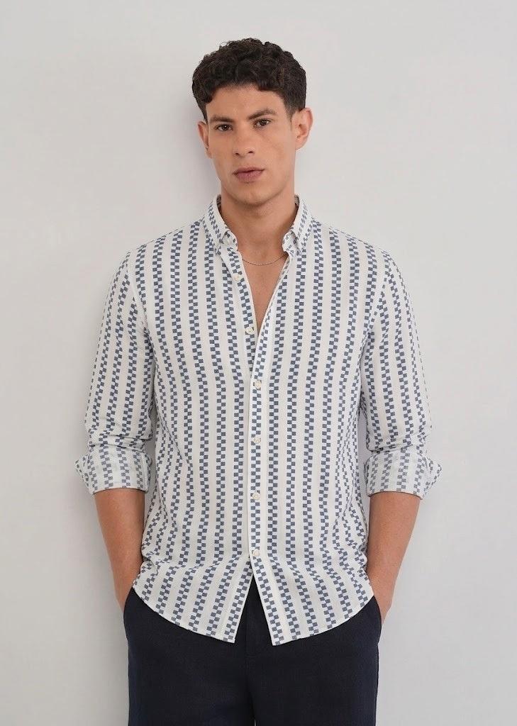 White & Slate Blue Geometric Stripe