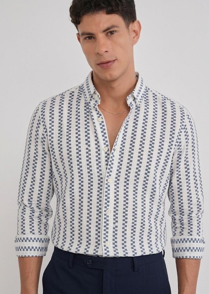 White & Slate Blue Geometric Stripe