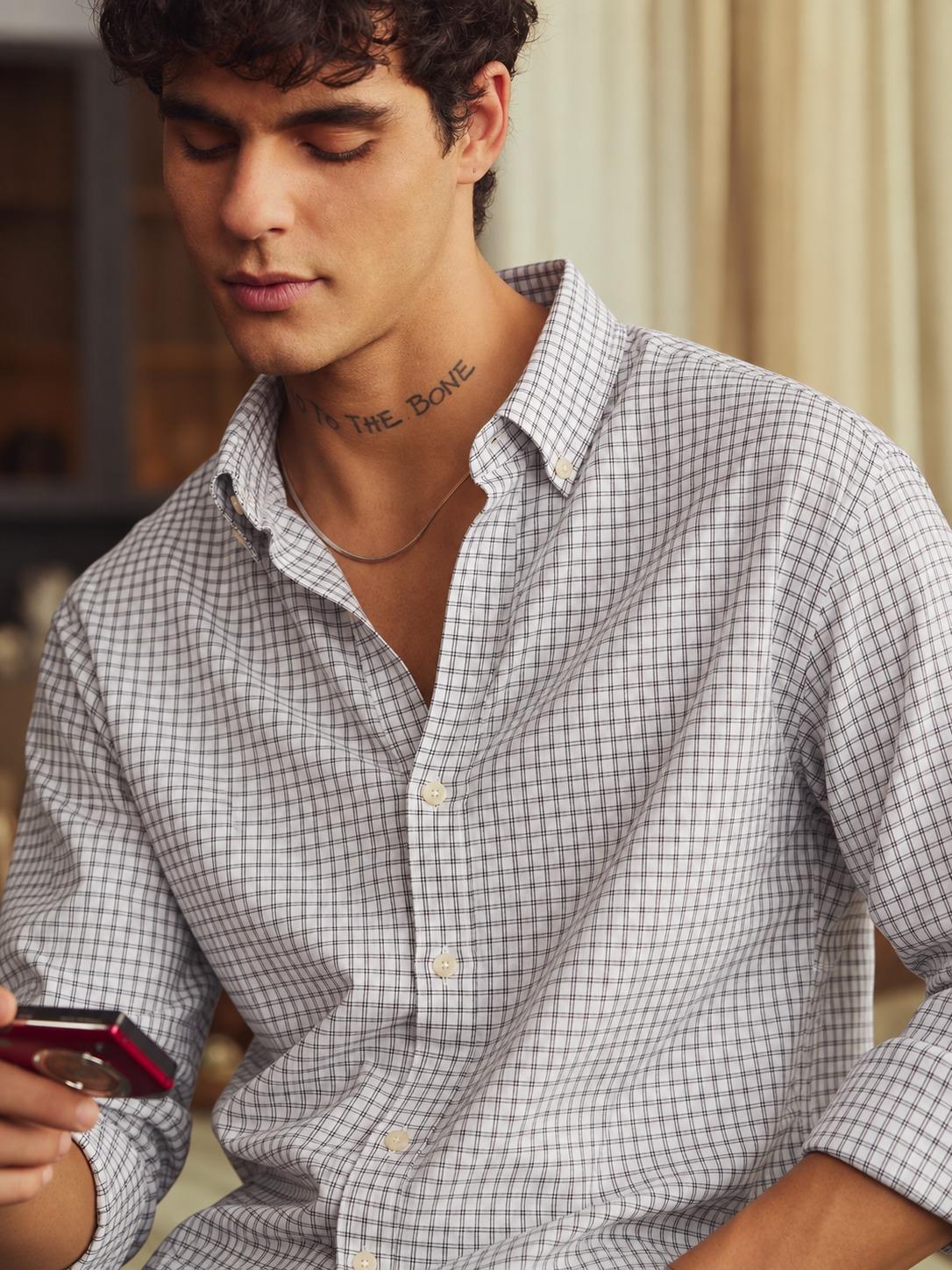Relaxed Fit White & Grey Fine Check Casual Shirt